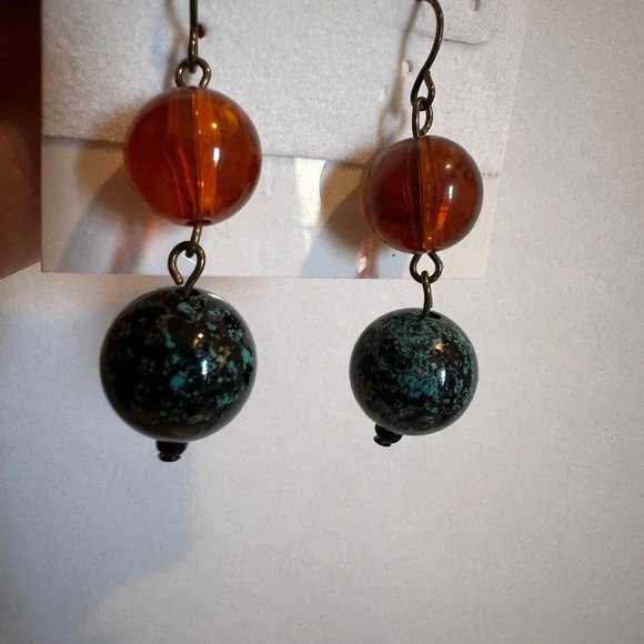Brown and Teal Marbled Ball Dangle Earrings NWT - Picture 2 of 5